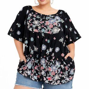 Dreams Co Floral Tunic Blouse 5X Black Boho Babydoll Peasant Festival Top Plus